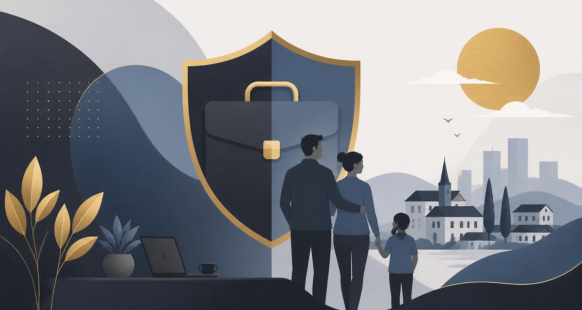 Prévoyance TNS — bouclier de protection, mallette professionnelle et famille illustrant la protection des revenus et de la famille du travailleur non salarié